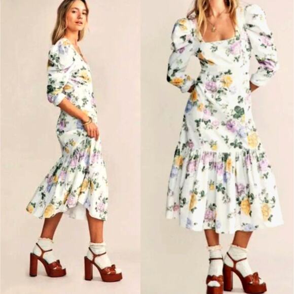 LoveShackFancy Dresses & Skirts - LoveShackFancy 6 Ellington Corduroy Milkmaid Dress Puff Sleeve Square Neck Midi